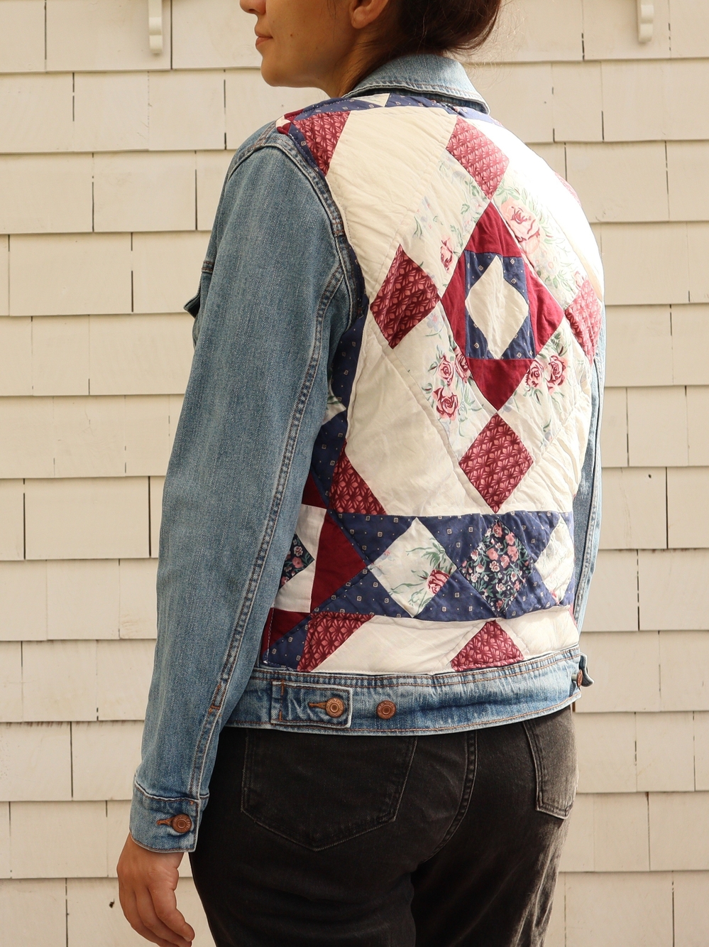 Upcycled Patchwork Quilt Patch on Denim Jacket - Red, Navy & Cream • Medium